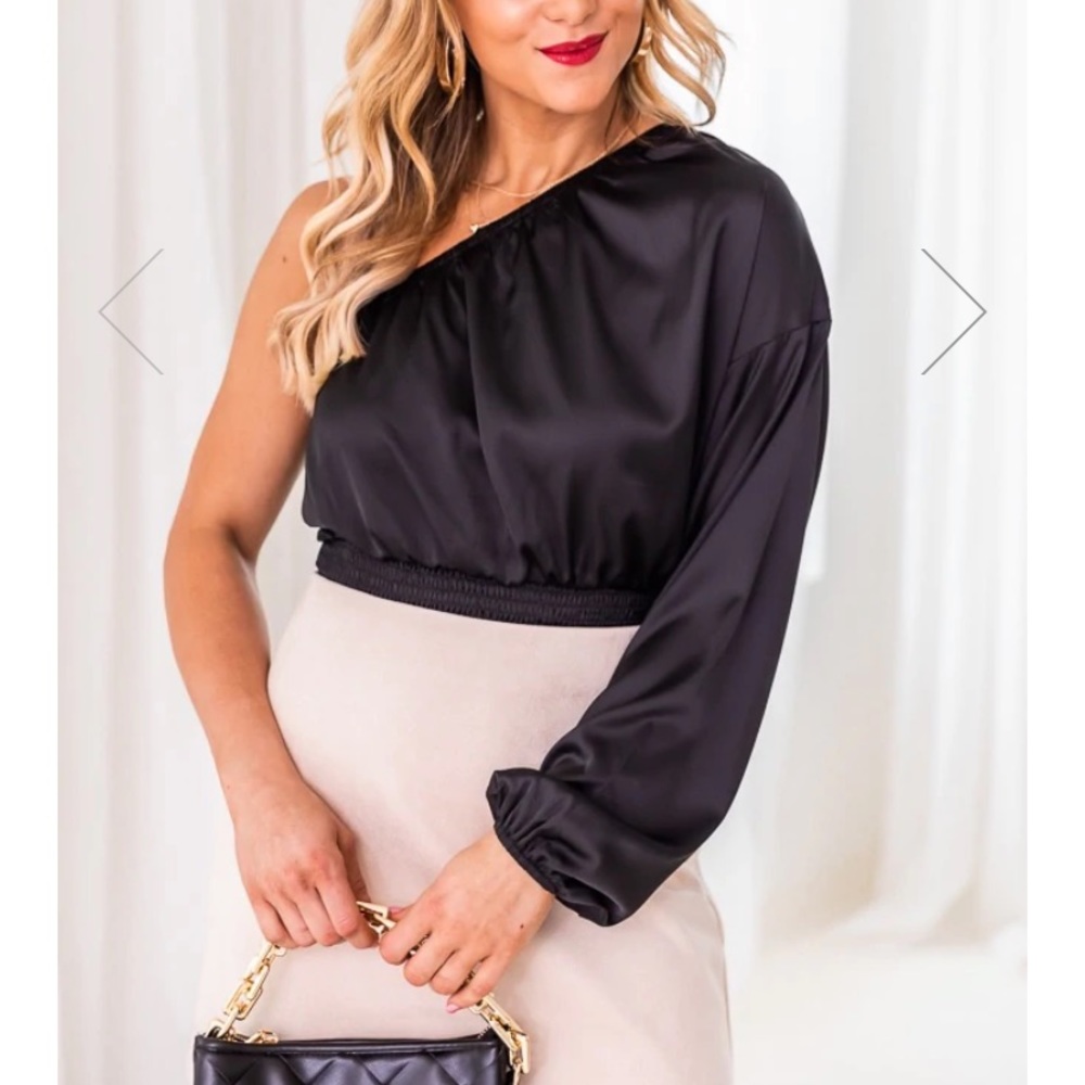 On This Journey Black One Shoulder Satin Blouse